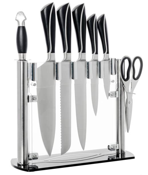 Set of steel kitchen knives, on white background.
